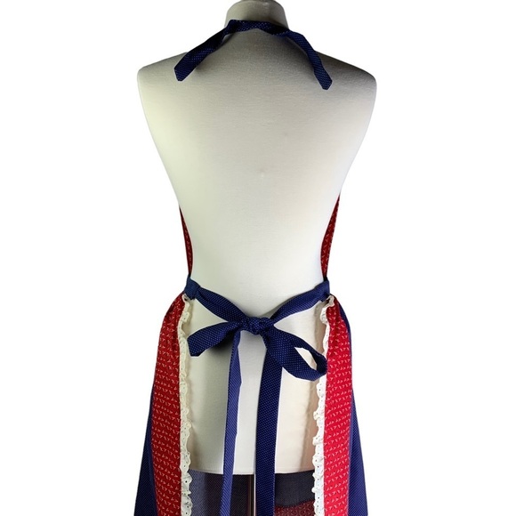 Vintage 90’s Handmade White Fuzzy Sheep Bib Apron Red Gingham Check Ruffle Med. - Picture 4 of 8